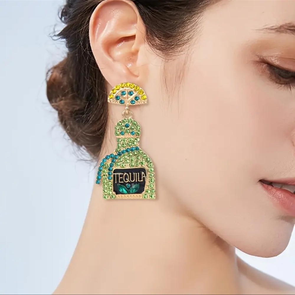 Sparkling Tequila Bottle Dangle Earrings - Adorned with Shining Rhinesto…